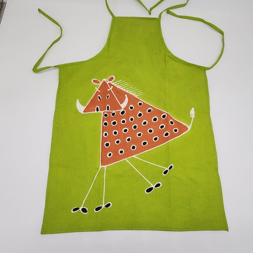African Child Apron Tribal Textiles Green With Warthog  Zambia Kitchen Wear